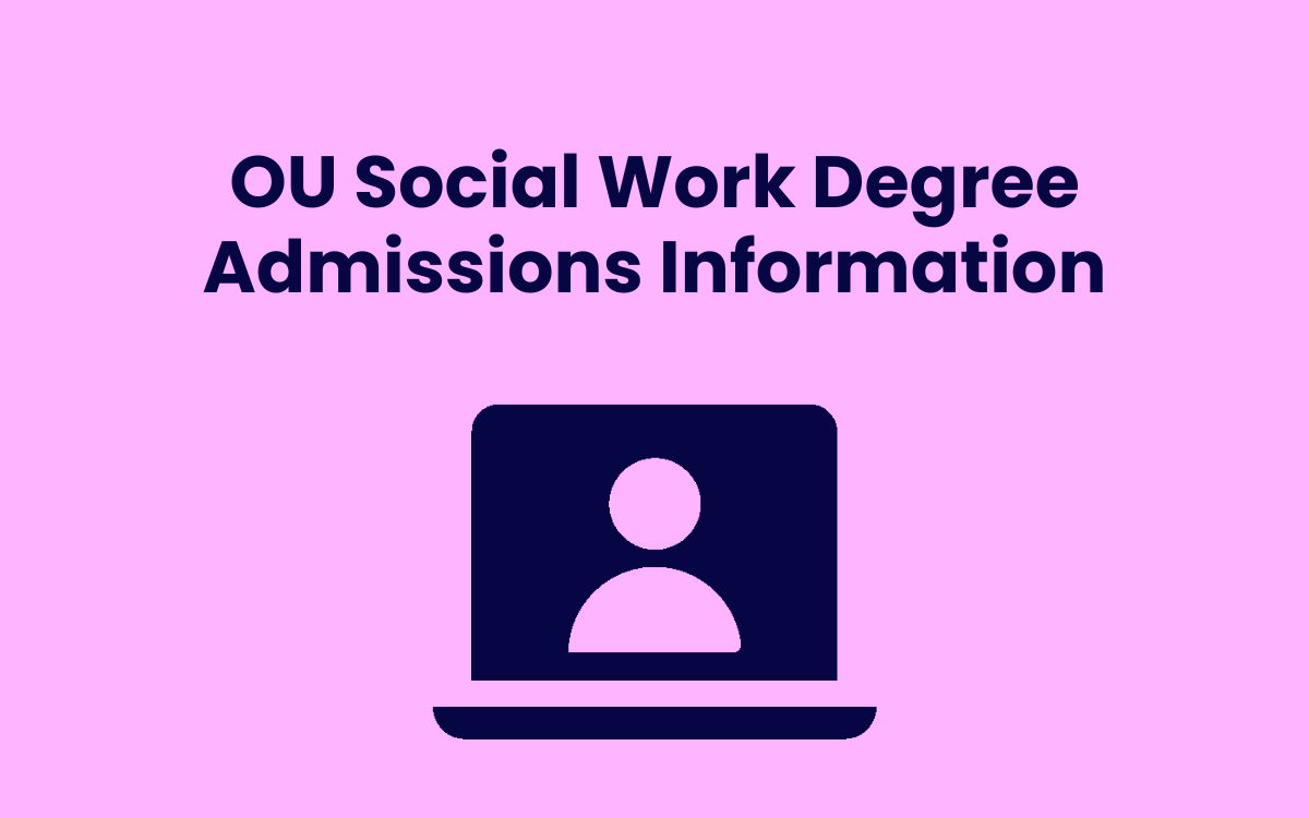 A pink background with a navy laptop logo in the middle and the title "OU social work admissions information" above