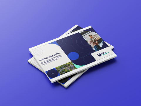 Stacked brochure mockups on a purple gradient background, featuring The Open University report titled “In from the cold: How employers can build skills in cold spot areas of low higher education participation,” with geometric design elements and images of a video call and a residential area.