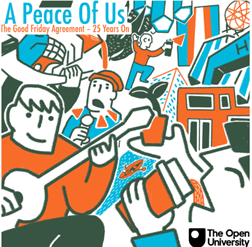 the artwork cover of a peace of us podcast which is an abstract art drawing of people playing instruments