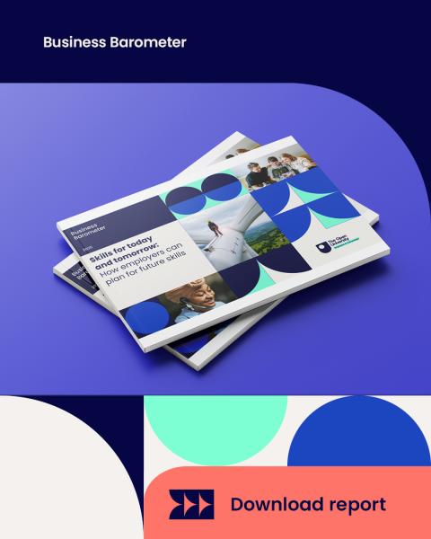 "Promotional graphic for a report titled 'Business Barometer.' It features two stacked booklets with the cover displaying the title 'Skills for today and tomorrow: How employers can plan for future skills,' accompanied by images of diverse individuals and geometric shapes. The Open University Business School logo is visible on the cover. The top of the image reads 'Business Barometer,' and the bottom includes a colourful button labelled 'Download report' with an icon."