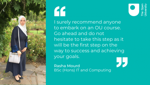 a picture of a female student standing posing for a photo and a quote from her saying "I surely recommend anyone to embark on an OU course.  Go ahead and do not hesitate to take this step as it will be the first step on the way to success and achieving your goals." Rasha Mourd BSc (Hons) It and Computing