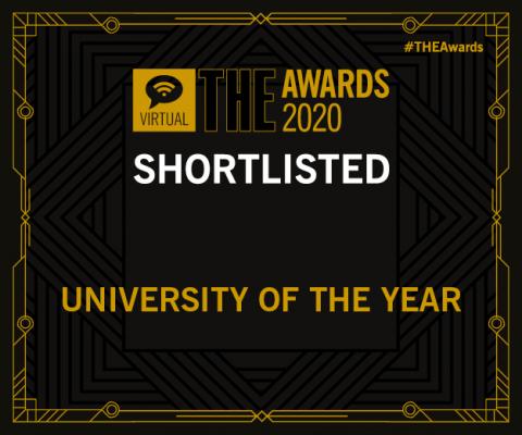 a black graphic that says 'THE AWARDS 2020 shortlisted University of the year'