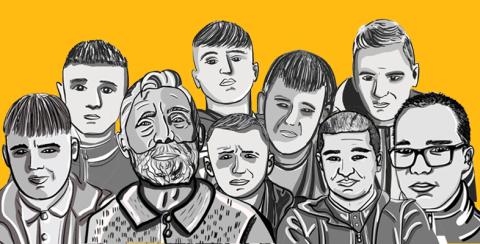 A cartoon image of a group of boys