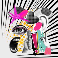 Bursting black-and-white pop-art design with stripes, a large eye, an ear, and a shouting mouth. Neon pink, yellow, and teal shapes, including a star, heart, microphone, and exclamation mark, suggest vibrant creativity and bold expression.