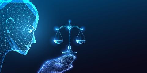 AI generated computer person holding scales of justice