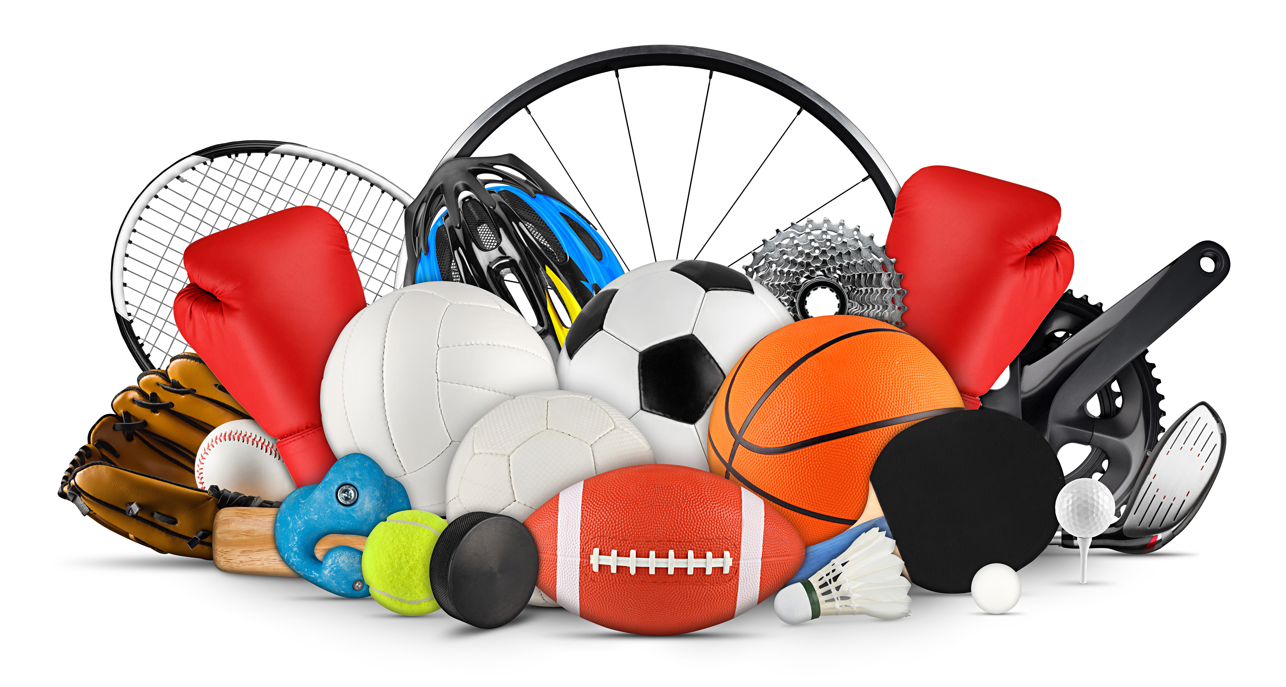 image shows rugby ball, football, golf balls, tennis ball and shuttle cocks as a representation of different sports clubs 