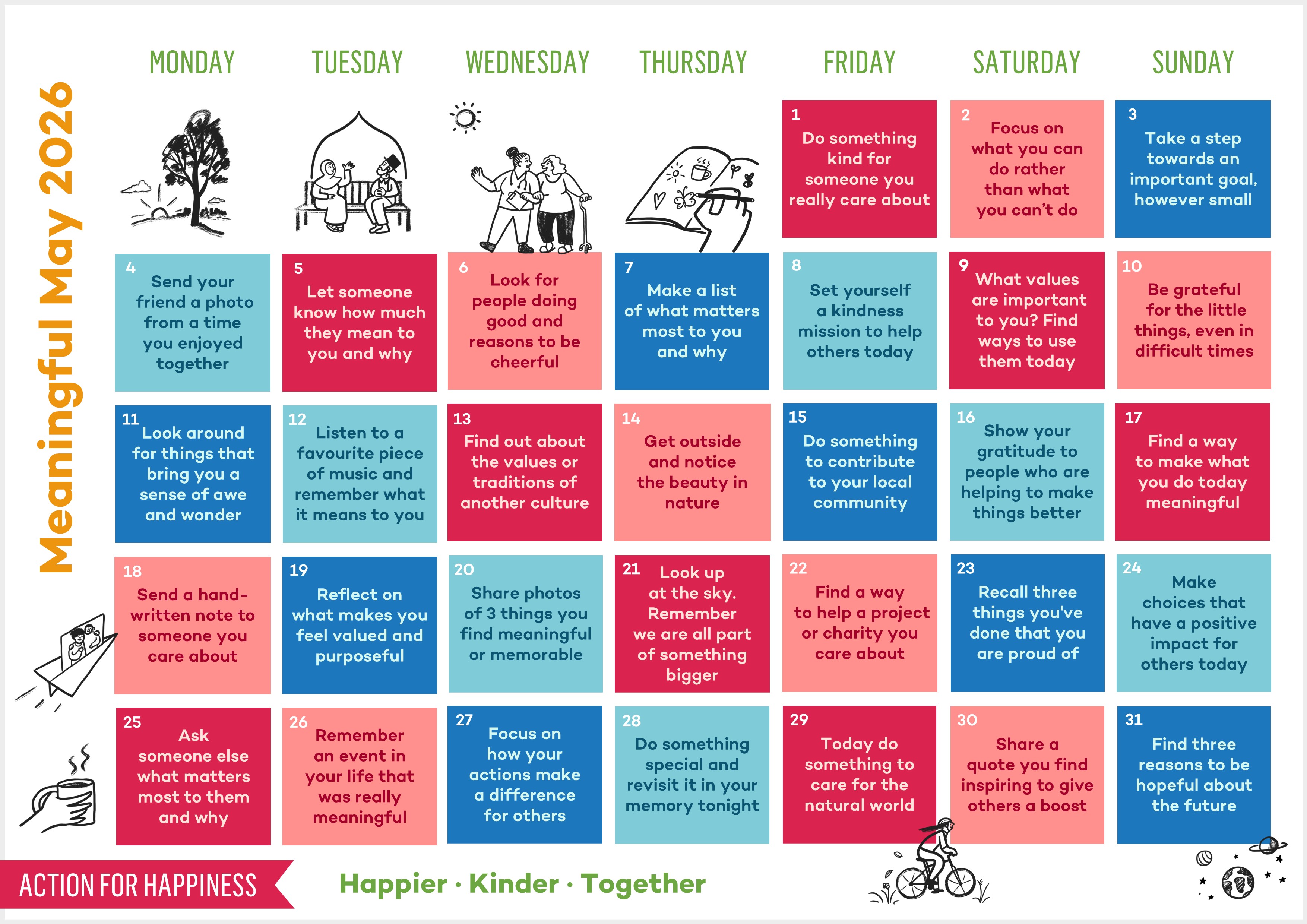 monthly calendar of daily activities to help with mental wellbeing 