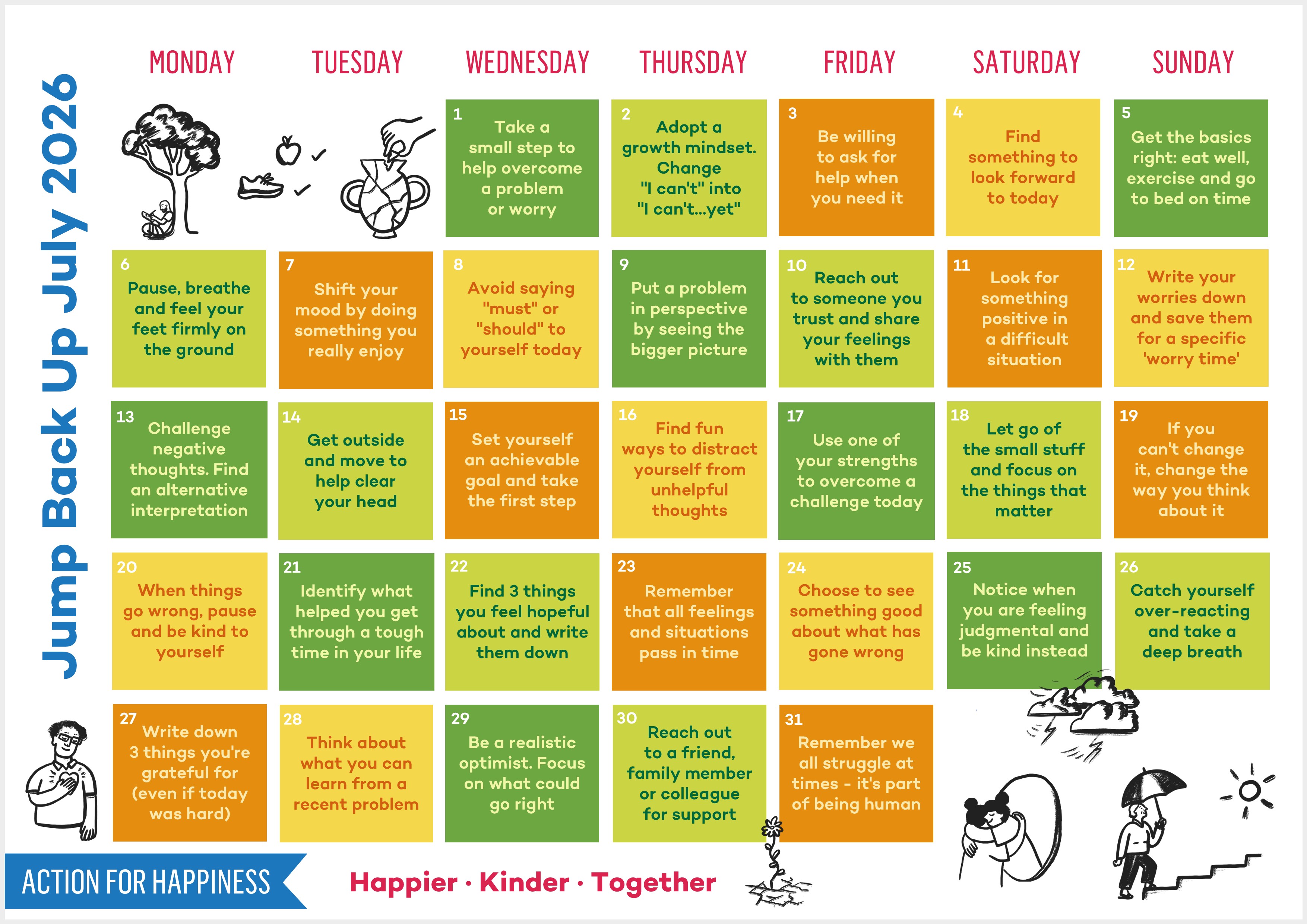 Monthly wellbeing calendar with daily tasks