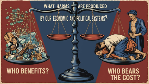 An image of scales, with the quesiton what harms are produced by our eceonomic and political systems. It has the question who benefits on one side and who bears the cost on the other.
