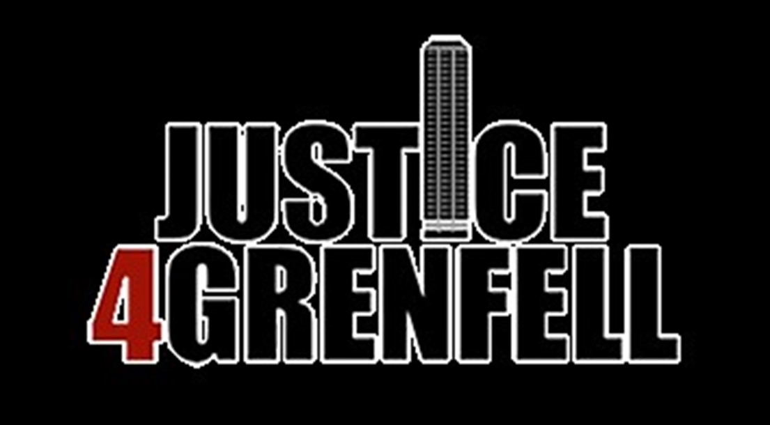 Justice 4 Grenfell logo. The words justice 4 Grenfell are spelt out. The 4 is a number and is in red. The other letters are in black with a white outline. The I in the word Grenfell is in the image of the tower.