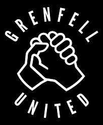Grenfell United logo. Two hands are clasped together, with the words Grenfell United on the outside of them.