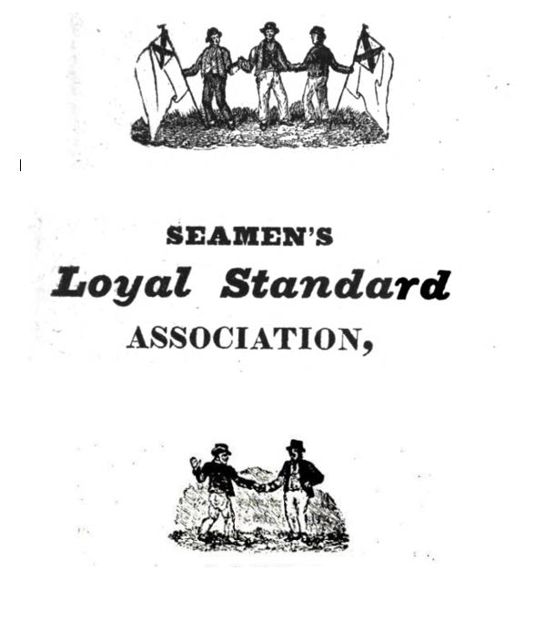 Image showing seamen holding hands and flags, with the words Seaman's loyal standard association underneath
