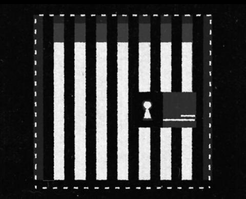 A photo shows a prison door, with bars vertically across the screen, and a lock towards the right-hand side of the door