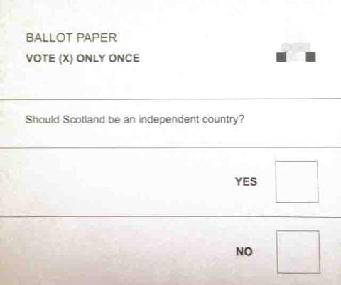 A ballot paper saying 'Should Scotland be an independent country' with options for yes and no.