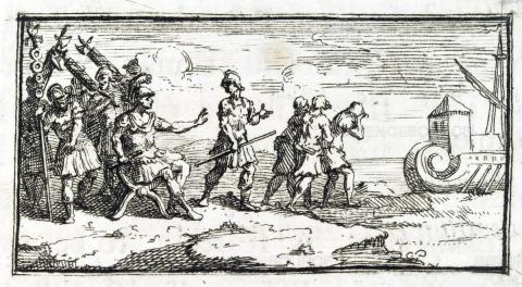 Black and white drawing of Roman soldiers being banished.