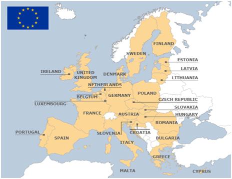 A map of Europe with colours in yellow that represent the European Commision.