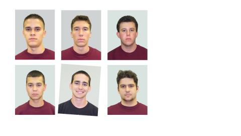 Headshots of five white men in red shirts with neutral expressions, and one headshot at an angle of a white man in a black shirt smiling.