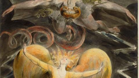 Artwork depicting an angel looking up at a mythical figure.