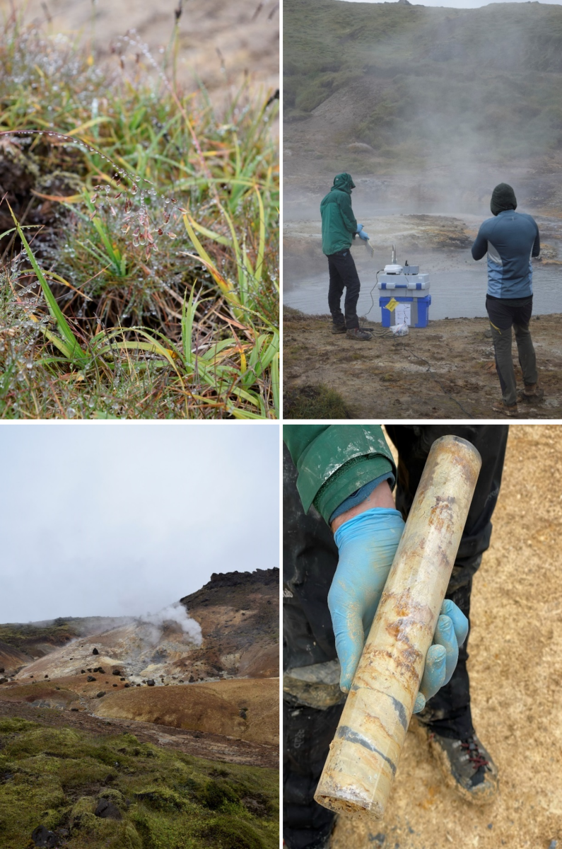 Four images grouped together: 1. Some vegetation. 2. Two people in front of a steaming pool. 3. Steam rising from a thermal vent. 4. An ice core