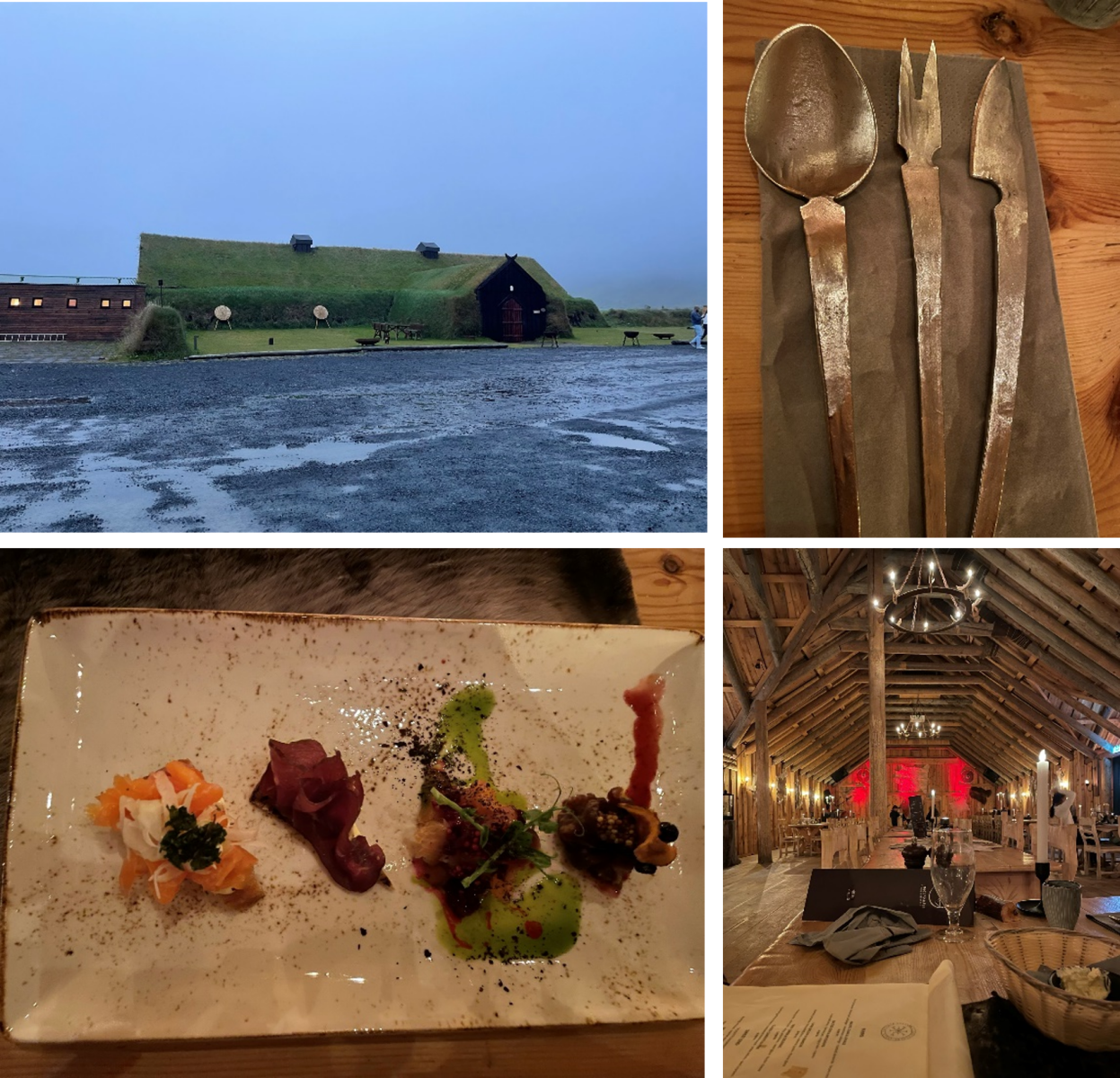 Four images grouped together: 1-A grass covered tavern. 2-rusty cutlery. 3-some food. 4-interior shot of the tavern