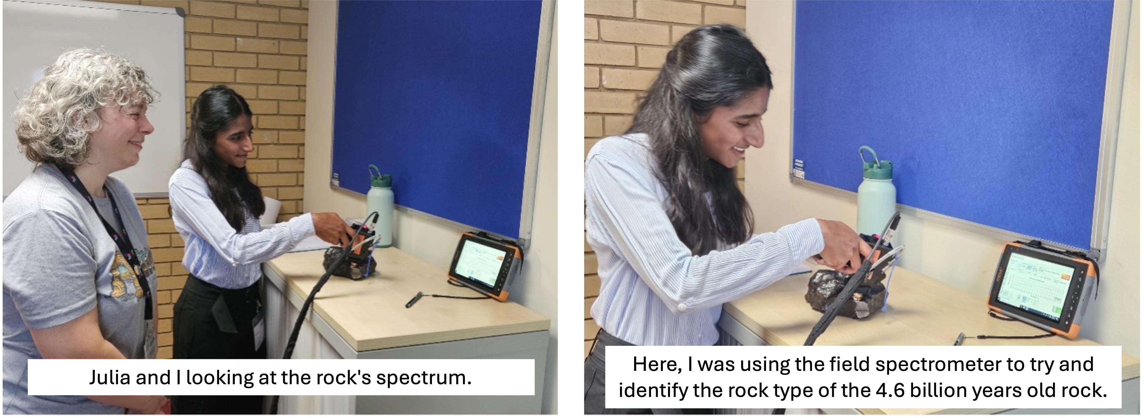 Keeret working with Julia, using a field spectrometer to look at rock samples.