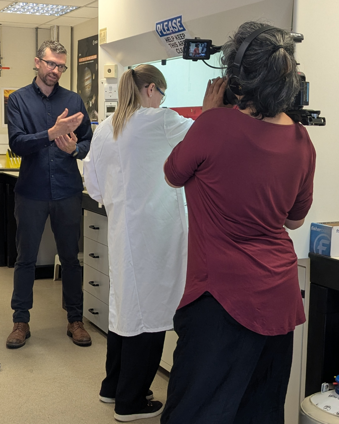 Dr Mark Fox-Powell and Dr Rachael Hamp in the Icy Worlds lab filmed by BBC Crew