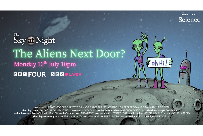Cartoon image of aliens holding up a sign.