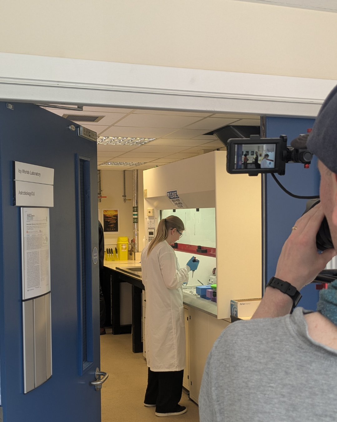 Dr Rachael Hamp in the Icy Worlds lab filmed by BBC Crew