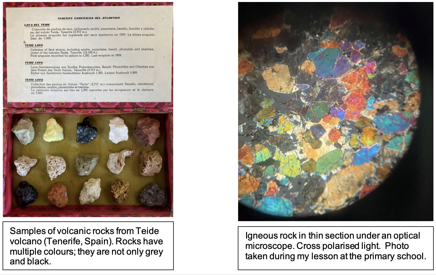  "Igneous rock in thin section under an optical microscope. Cross polarised light.  Photo taken during my lesson at the primary school."