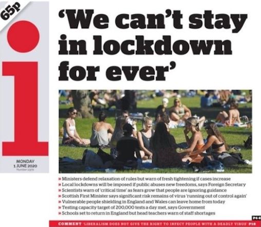 i newspaper front page on Monday 1st June 2020