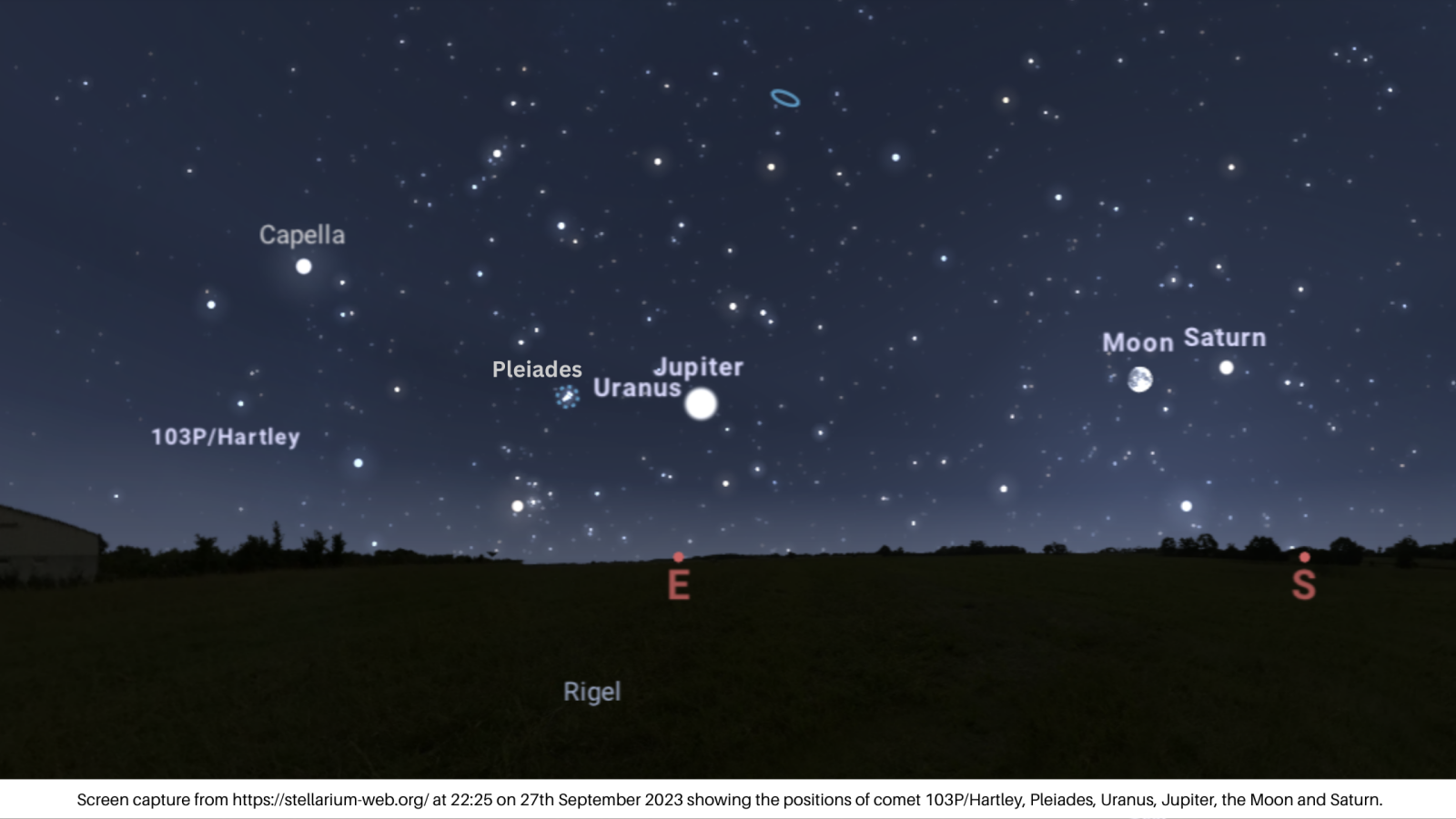 25 showing the positions of comet 103P/Hartley, the Pleiades, Uranus, Jupiter, the Moon and Saturn