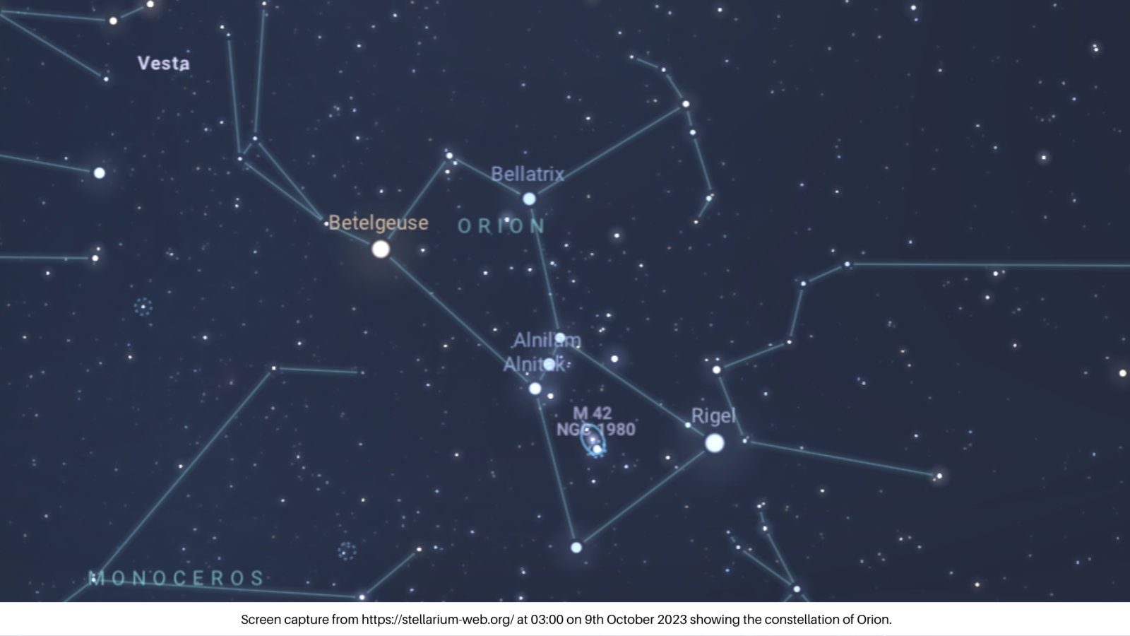 Image showing the constellations of Orion and the positions of Rigel and Betelgeuse