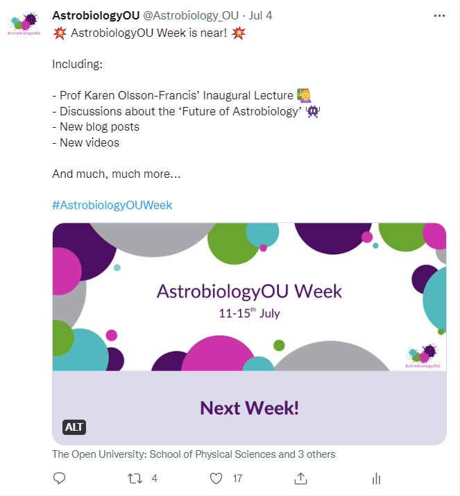 A screenshot of a post on X (Twitter) from AstrobiologyOU advertising AstrobiologyOU Week