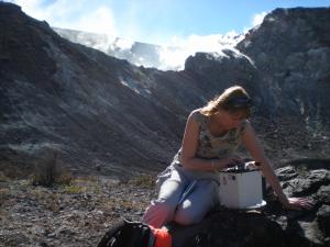 Hazel Rymer taking a gravity measurement at Turrialba, 2008
