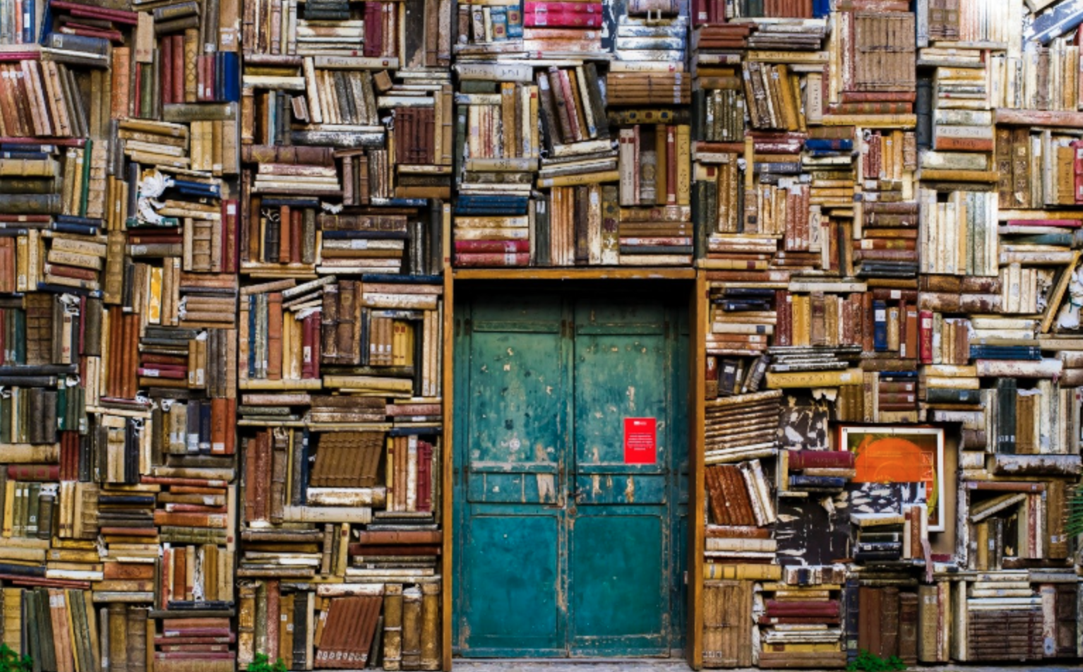 A wall of colourful book spines surrounding a stained and chipped green door