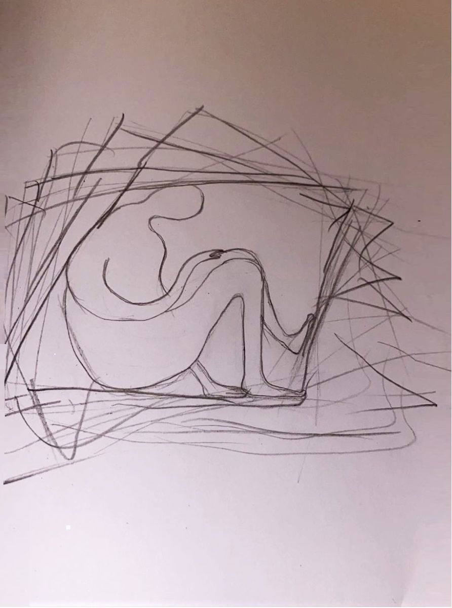 A pencil drawing of a trapped woman in a very small box