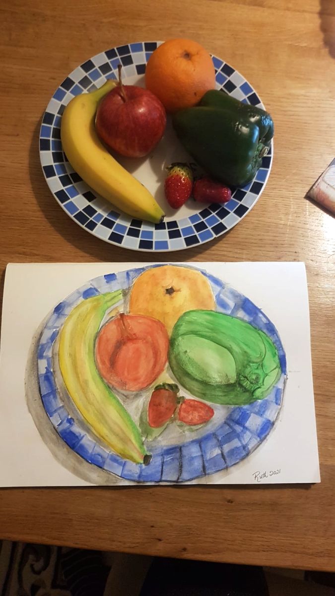 Watercolours drawing: two plates of fruits