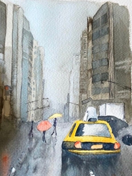 Painting of city street view with yellow cab