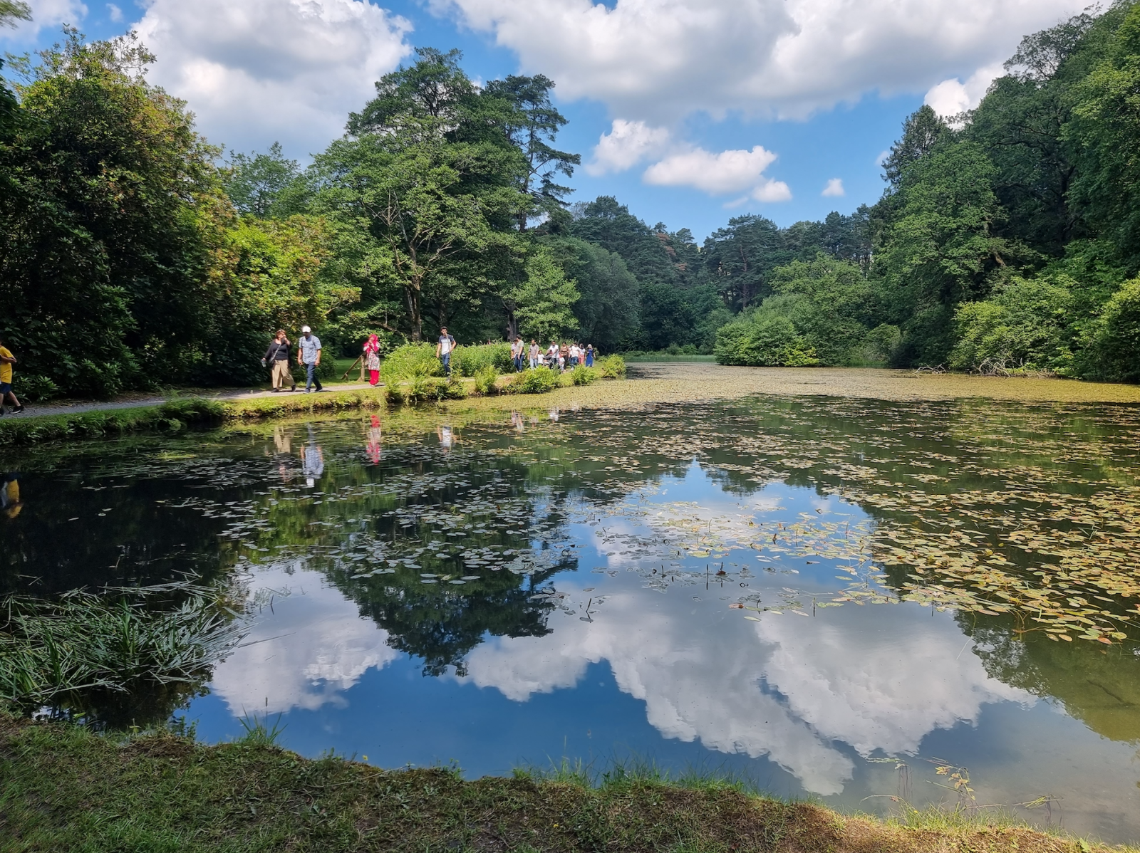 Refugees and volunteers walking in Craig-y-Nos park in Brecon Beacons
