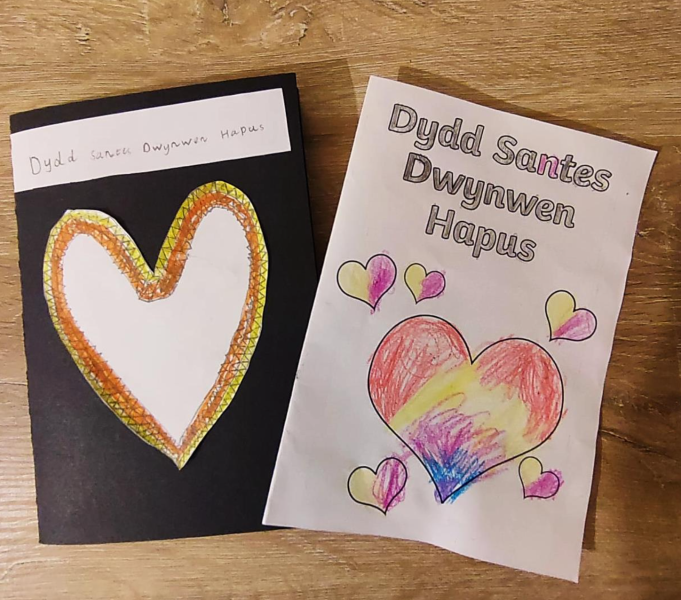 Two cards, made by author&rsquo;s children on Dydd Santes Dwynwen (St. Dwynwen&rsquo;s Day)