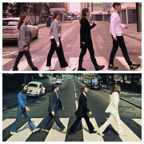 four person cross street zebra line in warm tone vs cold tone