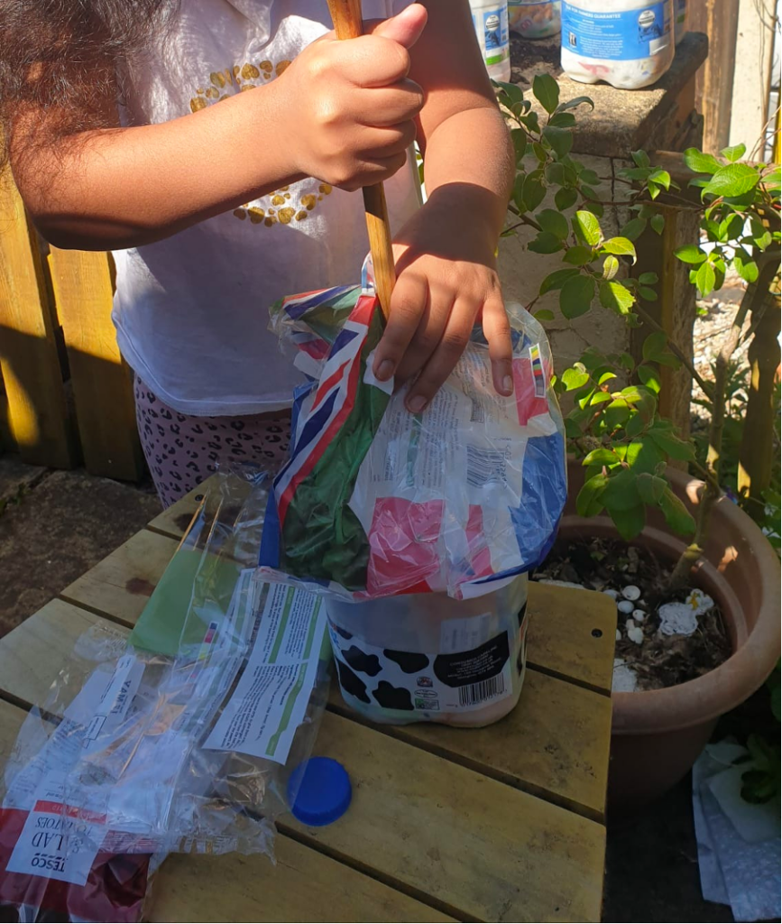Practical lessons for life during lockdown. Recycling plastic for a friend’s project