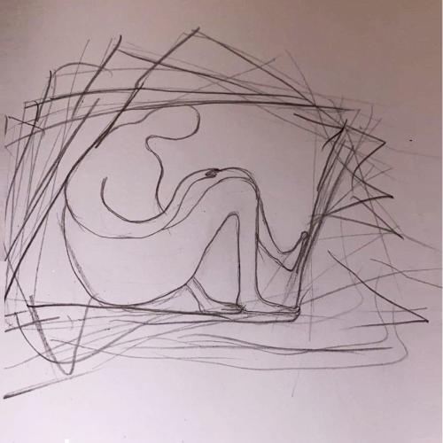 A pencil drawing of a trapped woman in a very small box
