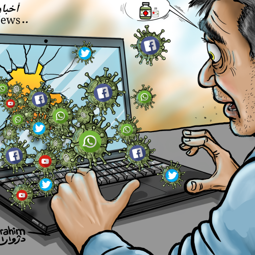 Cartoon image of a man on his laptop, afraid by all the different news announcements and fear induced by the pandemic