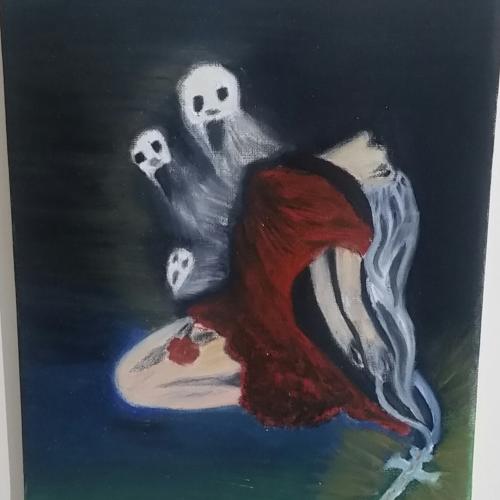 A woman lies with her head thrown back in desperation as the Father, Son and Holy Ghost emerge