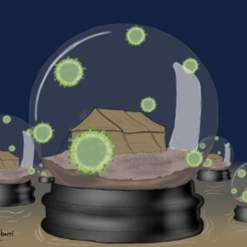 A tent within a glass bowl with Coronavirus cells around it depicts the danger of the virus in refugee camps