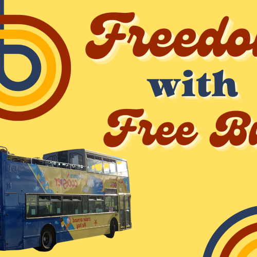 freedom with free bus, text on a yellow canvas with a bus