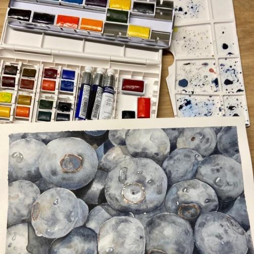 Painted watercolour blueberries