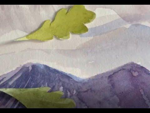 Painting of leaves and mountain