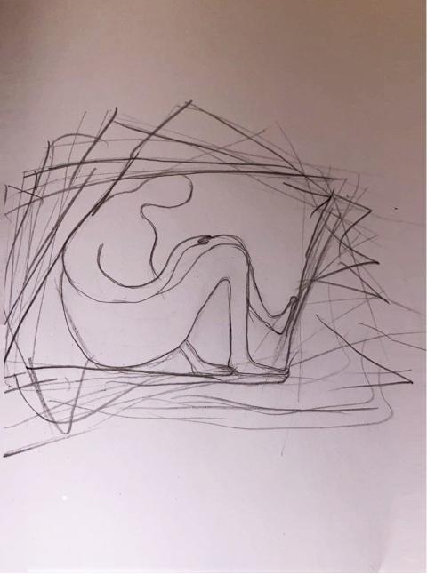 A pencil drawing of a trapped woman in a very small box
